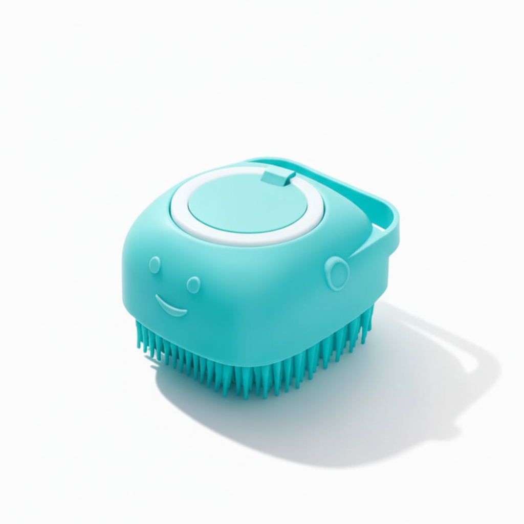 Blue cleaning brush with a smiley face on a white background