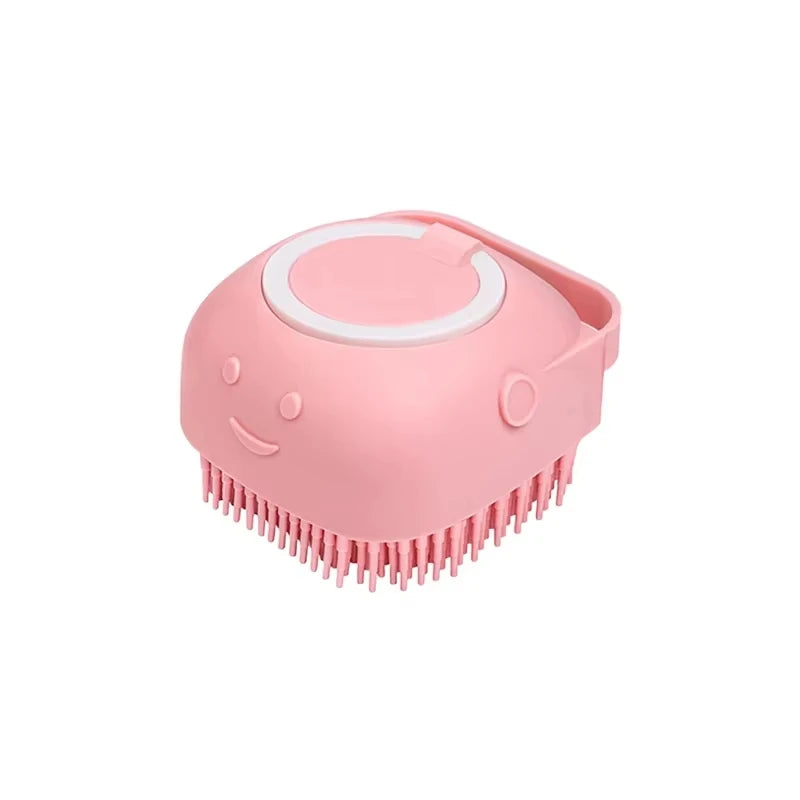 Pink cleaning brush with a smiley face on a white background