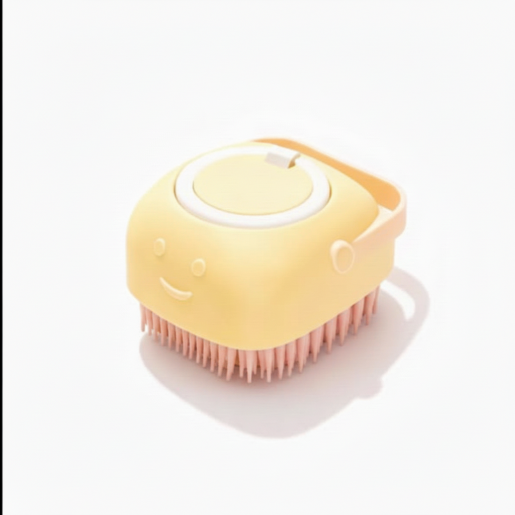 Yellow cleaning brush with a smiley face on a white background